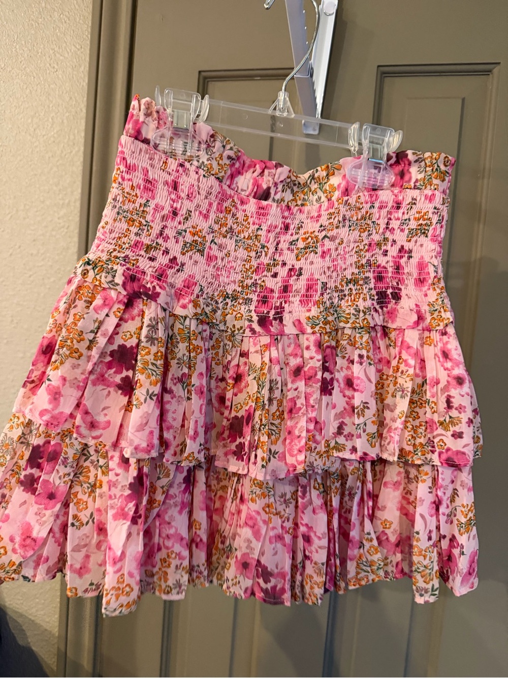 Pink Floral Tiered Smocked Mini Skirt - Women's